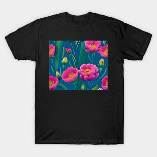 Pink Flowers On A Blue Background Watercolor Drawing T-Shirt